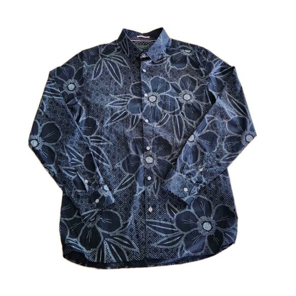 Ted Baker Men Floral Long Sleeve Collar Shirt Size 4 US L Navy Print Geometric - Picture 2 of 7